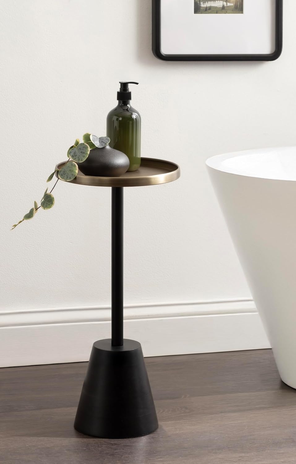 Kate and Laurel Tira Elegant Round Drink Table, 10 x 22, Antique Brass and Black, Vintage Glam Circle Martini Table for Use as a Small Bedroom Nightstand or Living Room Plant Stand Option