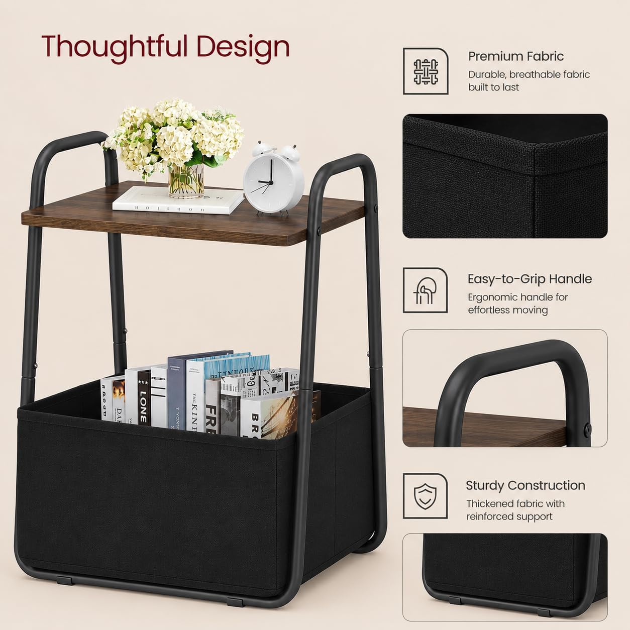Rustic Brown Metal Frame Nightstand - Small Side Table with Fabric Storage Basket and Handle - Ideal for Bedroom & Living Room & Dorm
