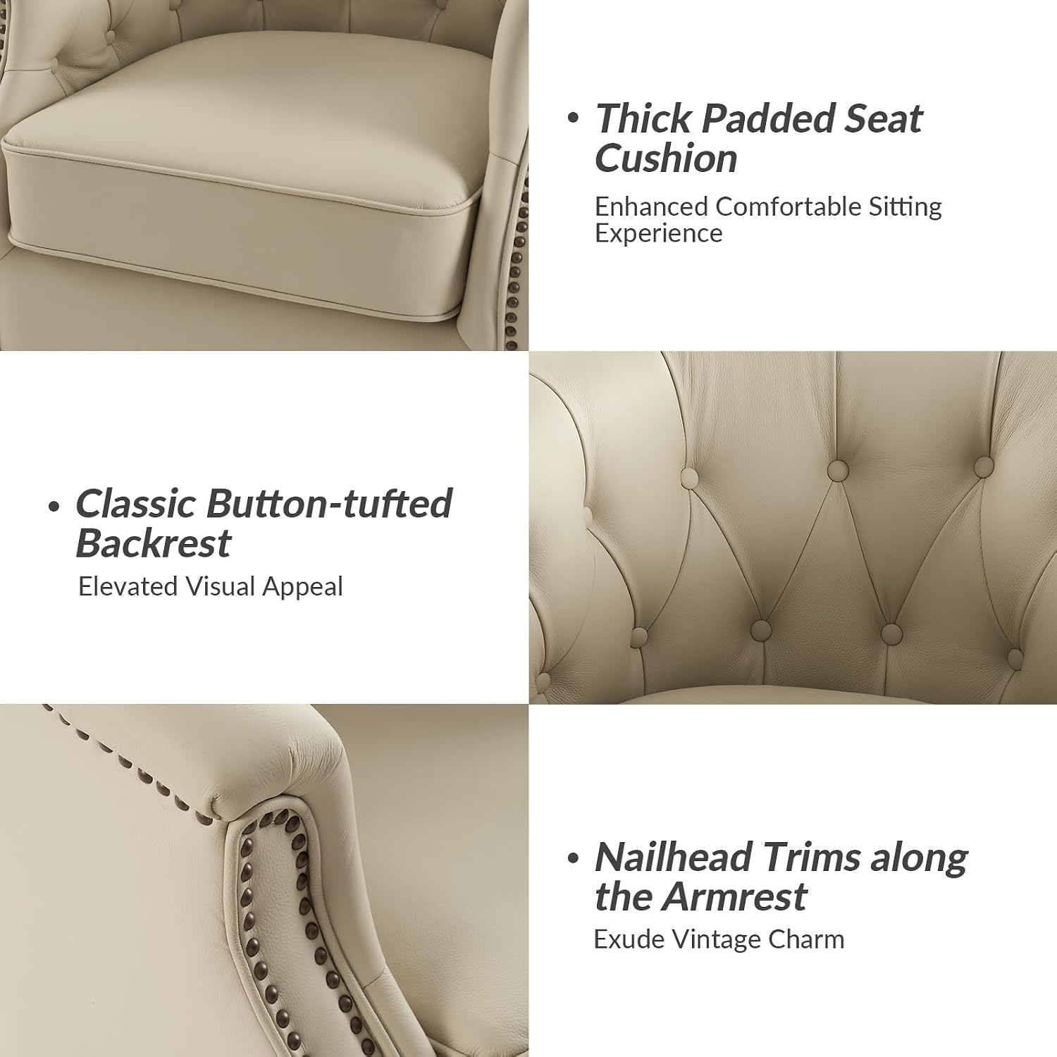 HULALA HOME Genuine Leather Swivel Rocker Chairs, Fully Assembled, Beige | Set of 2 Leather Swivel Accent Chairs, Traditional Chesterfield Barrel Chairs with Button-Tufted Design, for Living Room