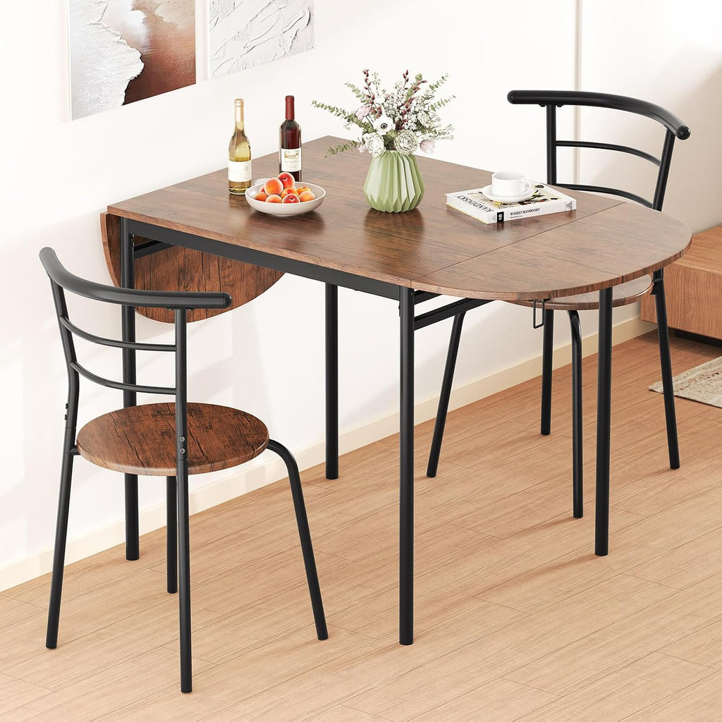GOFLAME 3-Piece Drop Leaf Dining Table Set, Extendable Kitchen Breakfast Table with 2 Chairs, Space Saving Folding Dining Room Set for Home Kitchen, Apartment, Small Space, Rustic Brown