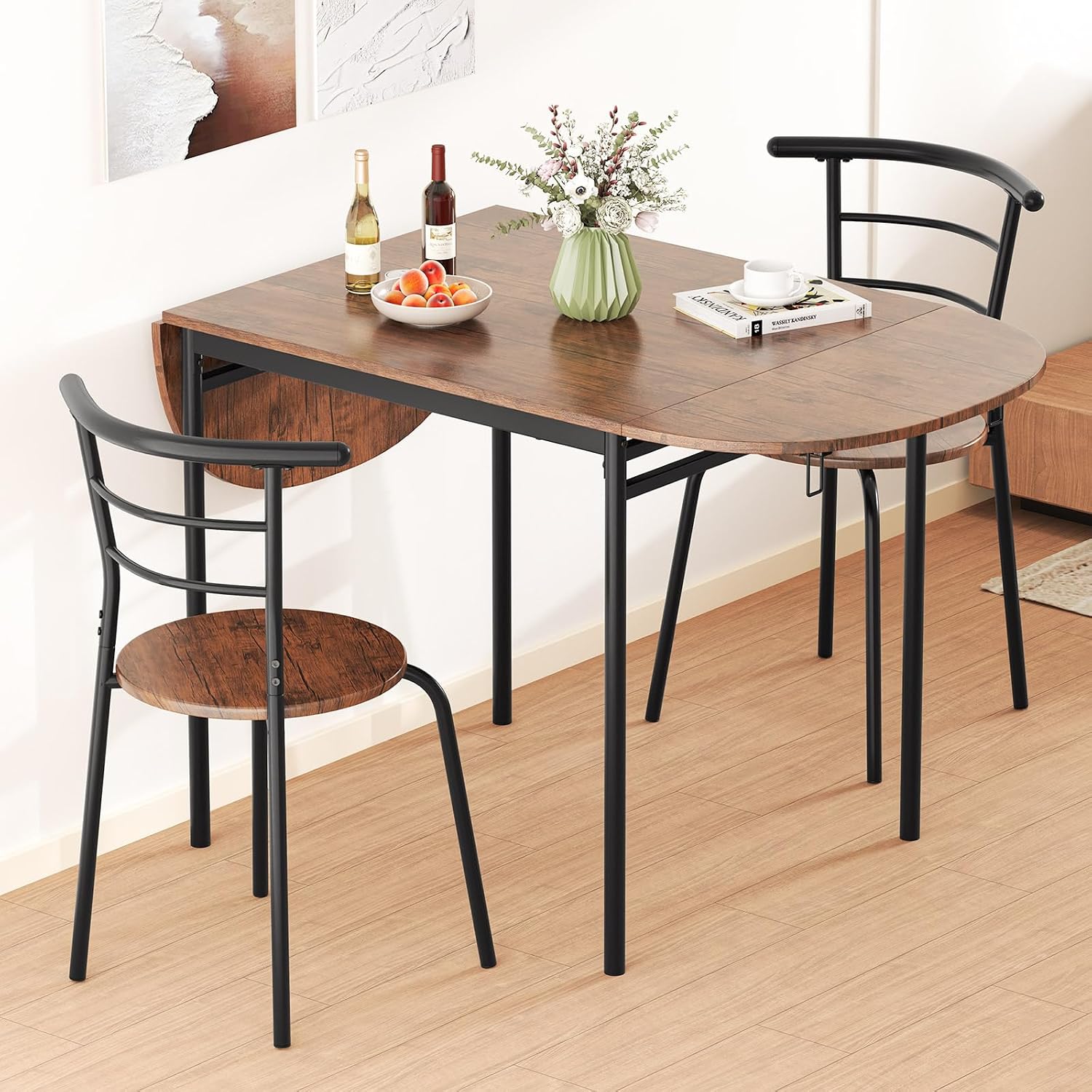 GOFLAME 3-Piece Drop Leaf Dining Table Set, Extendable Kitchen Breakfast Table with 2 Chairs, Space Saving Folding Dining Room Set for Home Kitchen, Apartment, Small Space, Rustic Brown