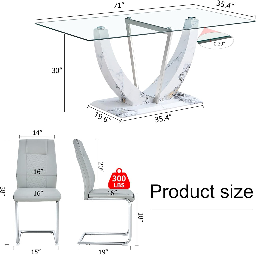 Modern Faux Marble Dining Table Set for 6, 63" Rectangular Kitchen Table with Elegant U-Shaped Pedestal Base and 6 Sleek Cantilever Chairs, Contemporary 7-Piece Dining Room Furniture Set