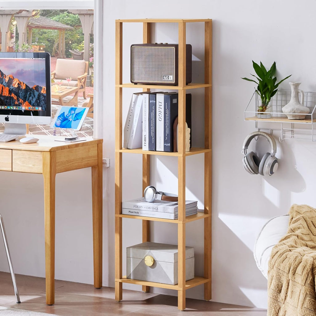 YUFAM 54in Tall Bookshelf 5-Tier Small Narrow Bookcase, Skinny Book Shelf for Small Space, Farmhouse Slim Shelf with Storage, Wood Freestanding Display Thin Bookshelves for Living Room, Natural