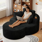 Oversized Round Chaise Longue Chair with Ottoman, Modern Corduroy Deep Seat Circle Single Cloud Floor Accent Chair w/Cup Holders for Living Room, Bedroom Apartment, 55" W * 74.6" D, Black