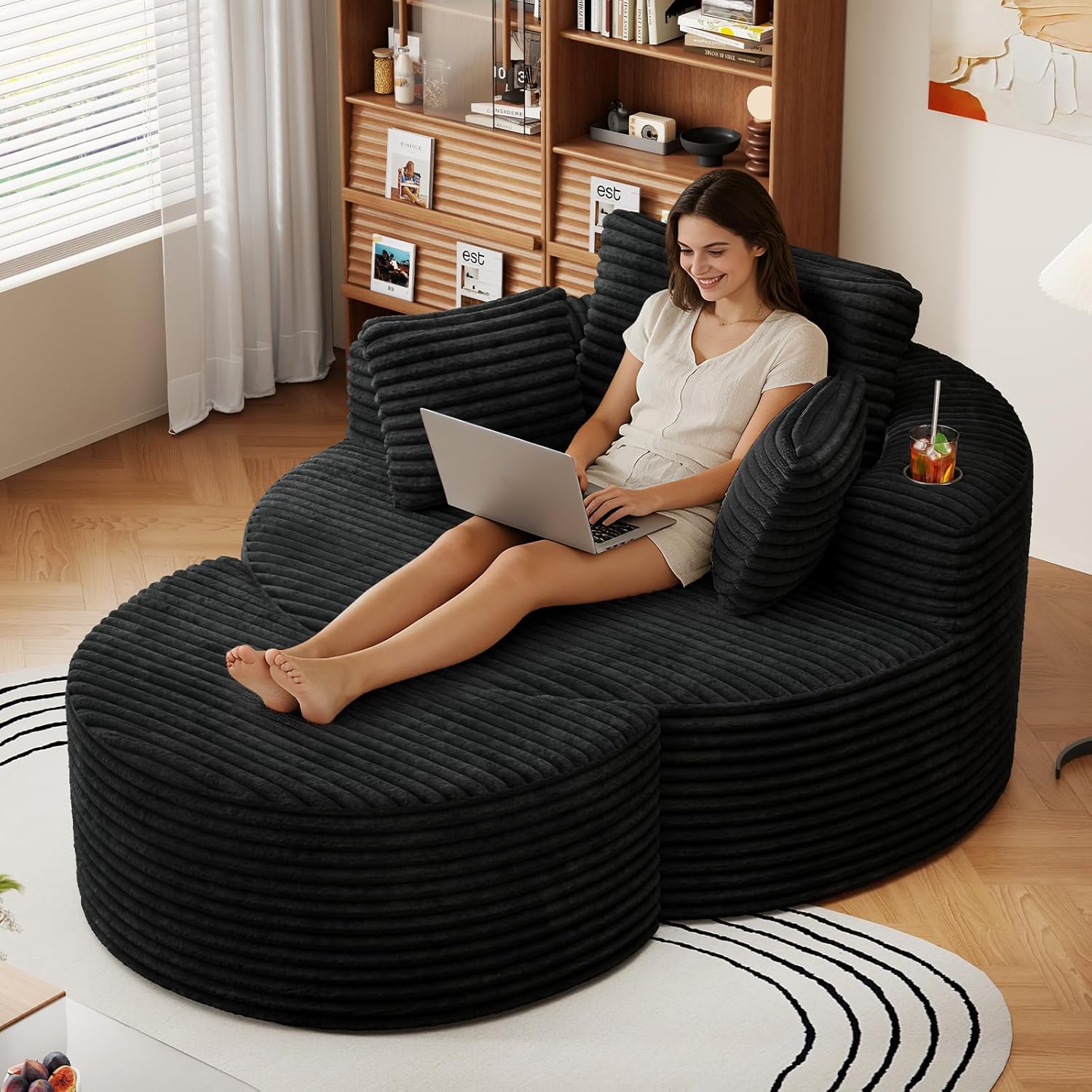 Oversized Round Chaise Longue Chair with Ottoman, Modern Corduroy Deep Seat Circle Single Cloud Floor Accent Chair w/Cup Holders for Living Room, Bedroom Apartment, 55" W * 74.6" D, Black