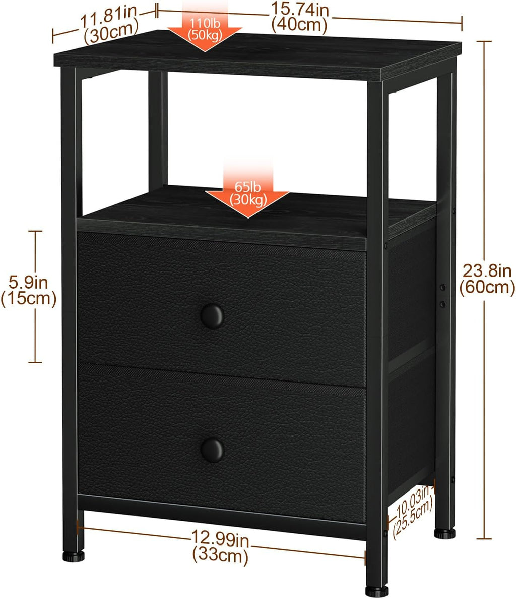 LOAKEKEL Night Stand, Black Nightstands with 2 Fabric Drawers for Bedroom | Small Bedside Table, End Tables Living Room, Bed Side Table with Open Storage Shelf