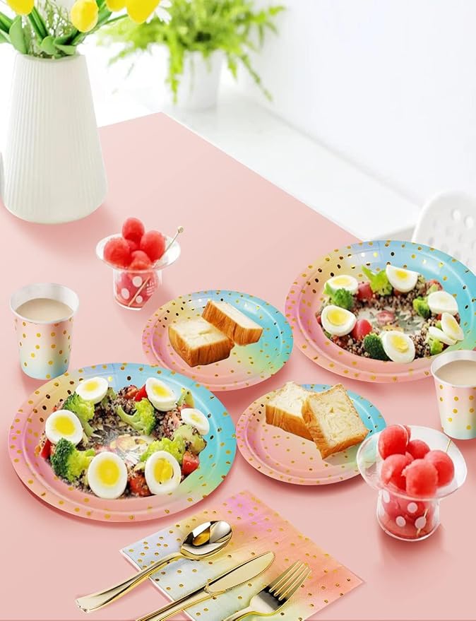 141 Pieces Rainbow Gold Party Supplies, Party Dinnerware Sets Include Paper Plates Napkins Cups Silverware, for Wedding Bridal Shower Engagement Birthday Parties Decoration -20 Serves
