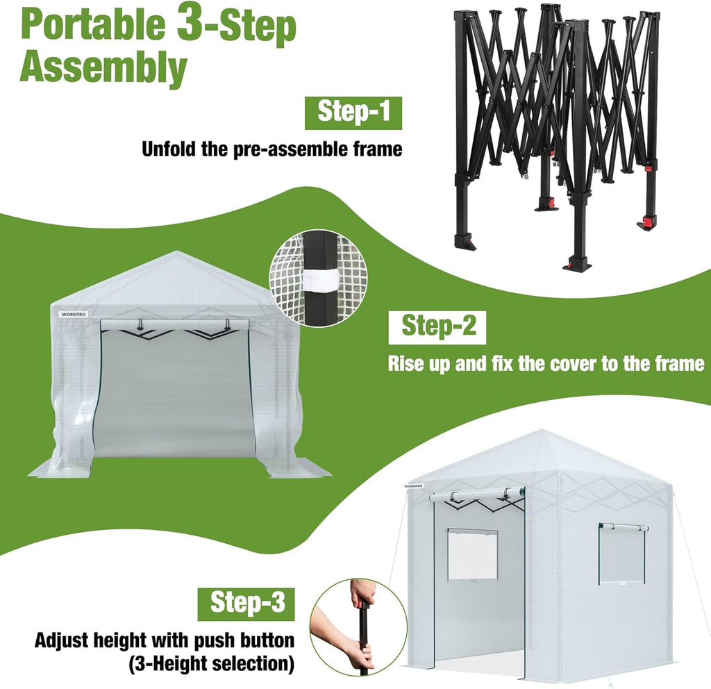 WORKPRO Greenhouse, 94" x70" x98" Instant Pop-up Heavy Duty Gardening Green House Canopy with Robust PE Cover, Indoor Outdoor Plant House Shed with Roll-up Entry Doors and 2 Screen Windows