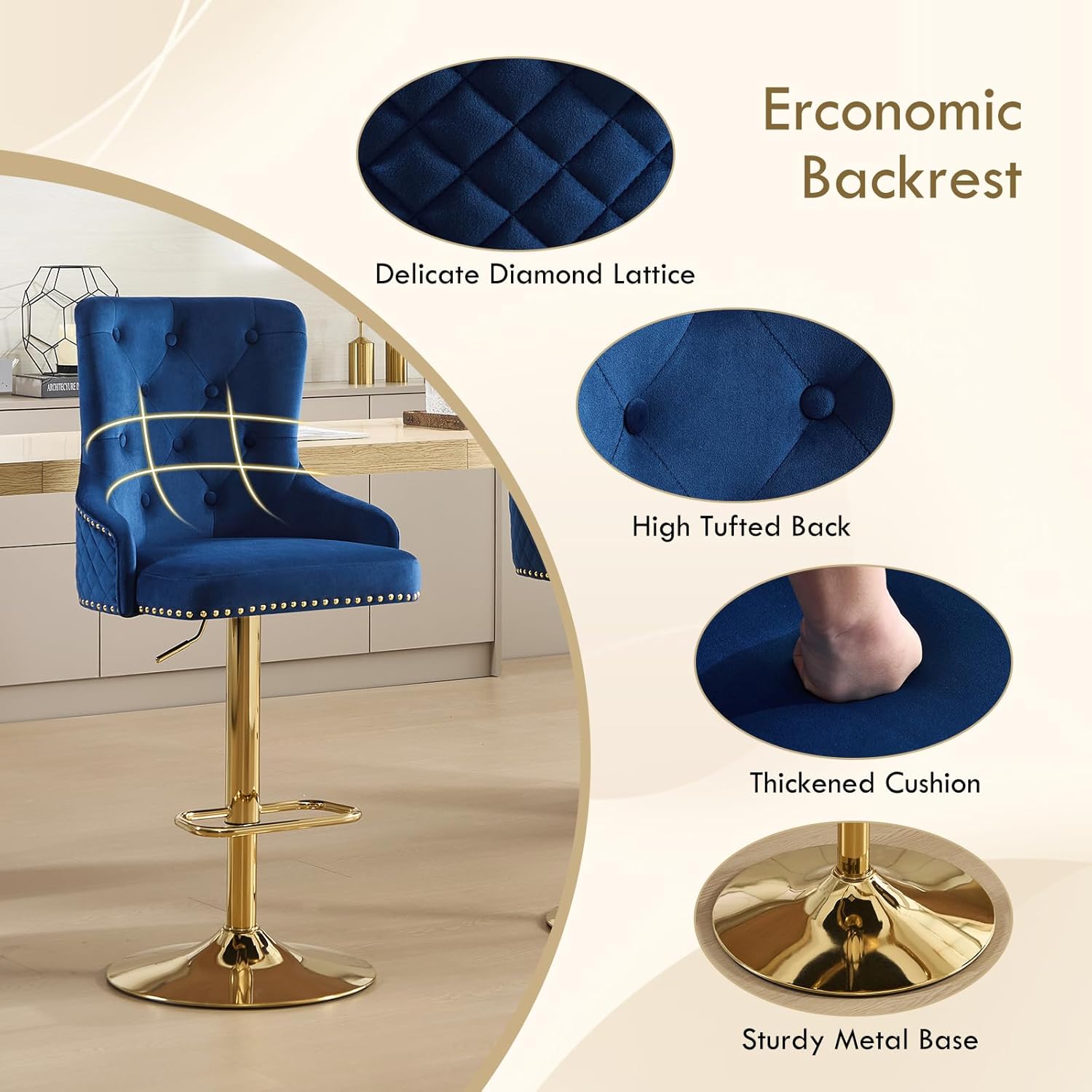 Gold Barstools Set of 4,Velvet Swivel Bar Height Stools with Lion Pull Ring,Upholstered Counter Height Stools with Tufted Back,Modern Adjustable Bar Chairs for Kitchen Island/Cafe, Navy Blue