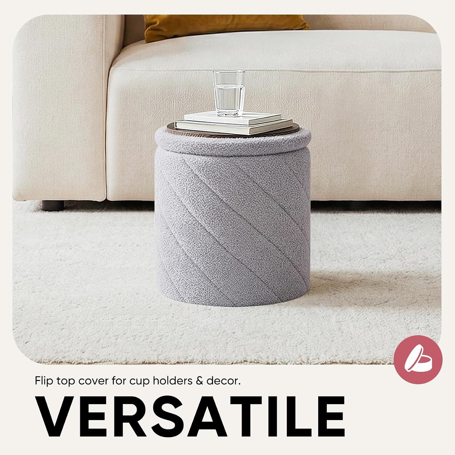 13" Foldable Boucle Round Storage Ottoman,Space-Saving Footrest/Seating/Coffee Table for Small Apartments,Dorms & Bedrooms-Grey