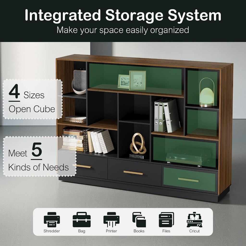 ModernMate 60" Wide Bookcase with 3 Drawers and 12 Open Cubes, Black Walnut