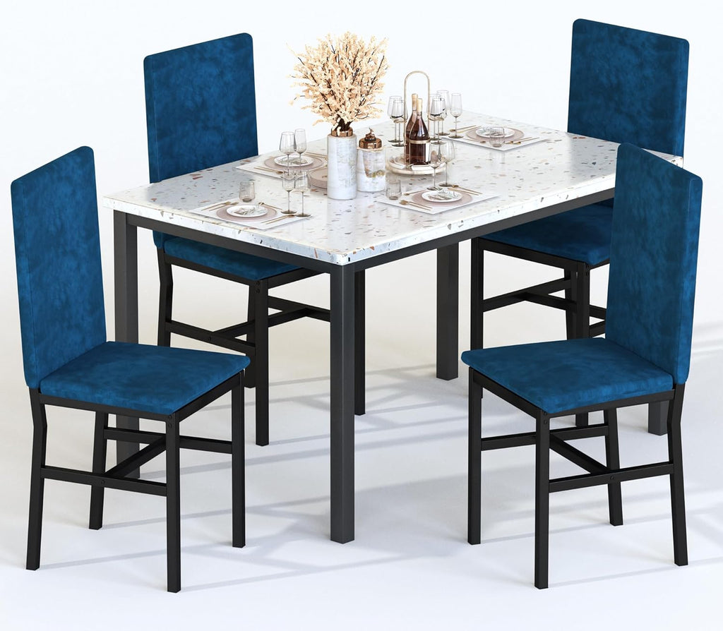 AWQM Dining Table Set for 4, Modern Faux Marble Dining Table Set with 4 Upholstered Velvet Chairs, Dining Room Table Set for Kitchen, Breakfast Nook, Dining Room, Blue