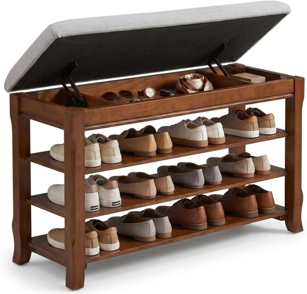 SolidWood Entryway Shoe Rack Storage Bench, Flip-Top Soft-Close Lid, 39.4'' | 550 lbs Max Load, Adjustable Shelves, Cushioned Entryway Shoe Organizer for Closet, Hallway, Foyer