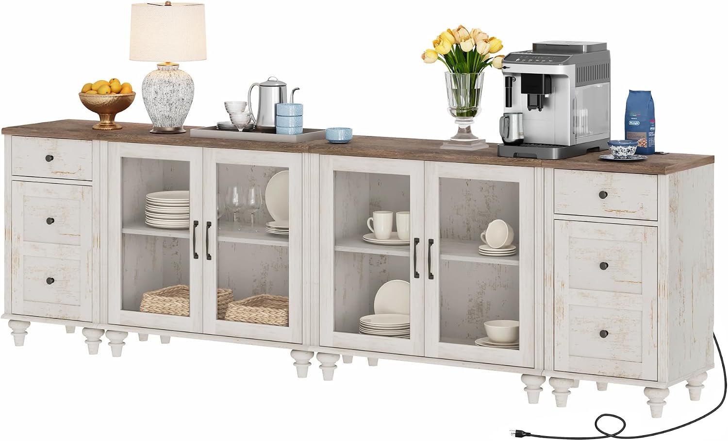 WAMPAT Sideboard Buffet Cabinets with 4-Glass Door, Kitchen Storage Cabinets with Charging Station, Wood Coffee Bar Table with Adjustable Shelf & 2 Drawers for Dining Room, Living Room, Rustic White