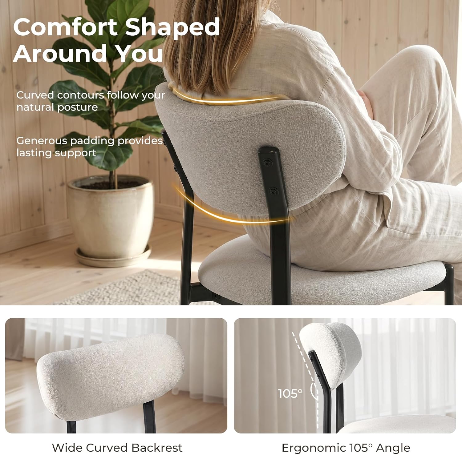 Dining Chairs, Modern Upholstered Fabric Kitchen Chairs | Textured Fabric, Curved Back, Upholstered Seat, Metal Frame, Dining Room, Kitchen, Breakfast Nook, Restaurant, White