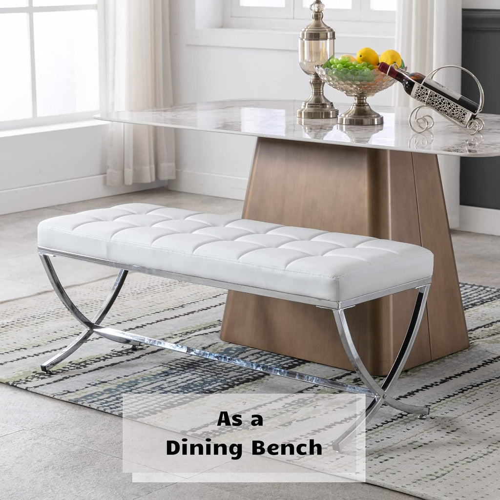 HEAH-YO Modern Button Tufted Bench, PU Faux Leather Ottoman Dining Bench, Stylish Footstool for Entryway Bedroom Kitchen Dining Table, White