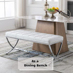 HEAH-YO Modern Button Tufted Bench, PU Faux Leather Ottoman Dining Bench, Stylish Footstool for Entryway Bedroom Kitchen Dining Table, White