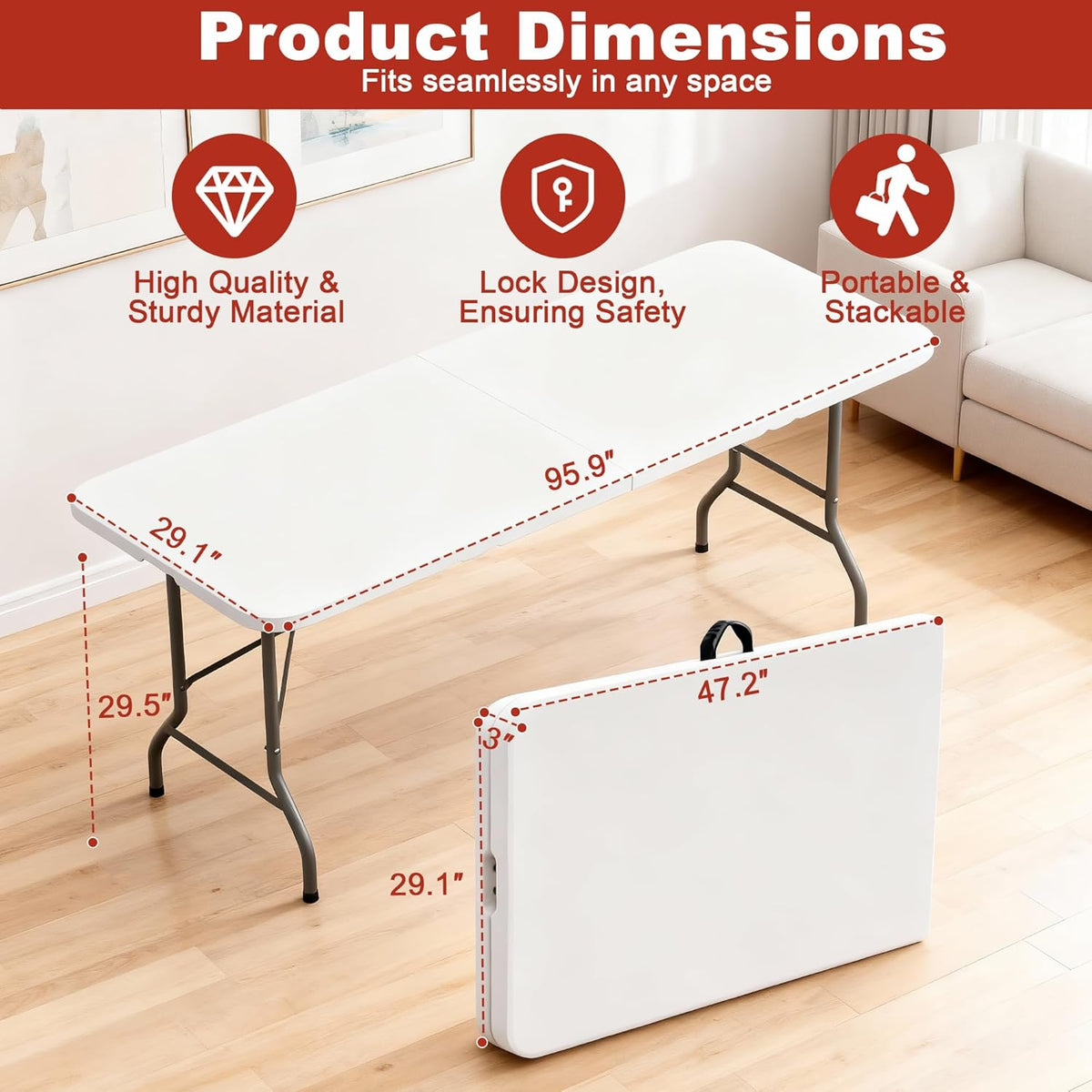 Elevon Folding Table, 8 Feet Heavy Duty Fold-in-Half Utility Table Indoor Outdoor for Camping, Picnic, Party
