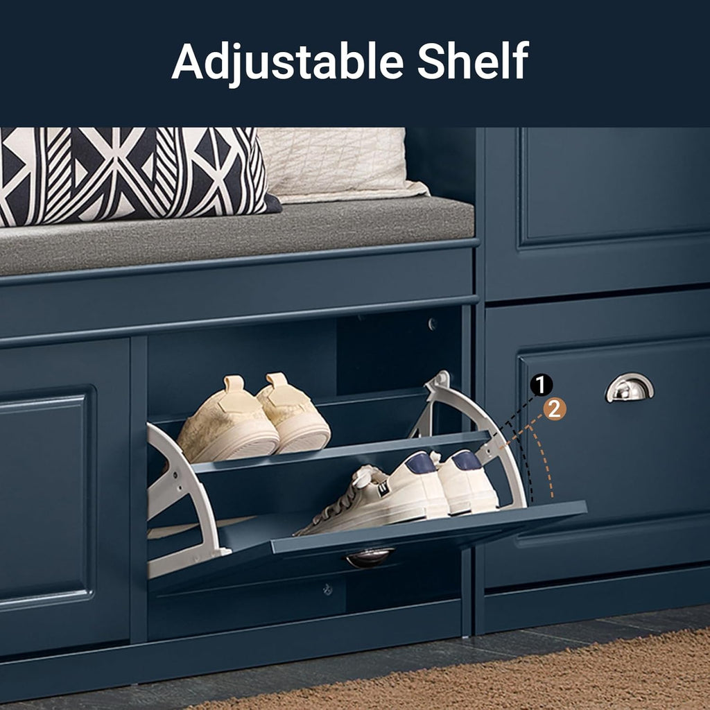 Haotian Shoe Storage Bench Entryway, Shoe Cabinet Bench with 2 Flip Drawers & Cushion, Modern Design Shoe Organizer for Hallway, Navy Blue FSR64-B