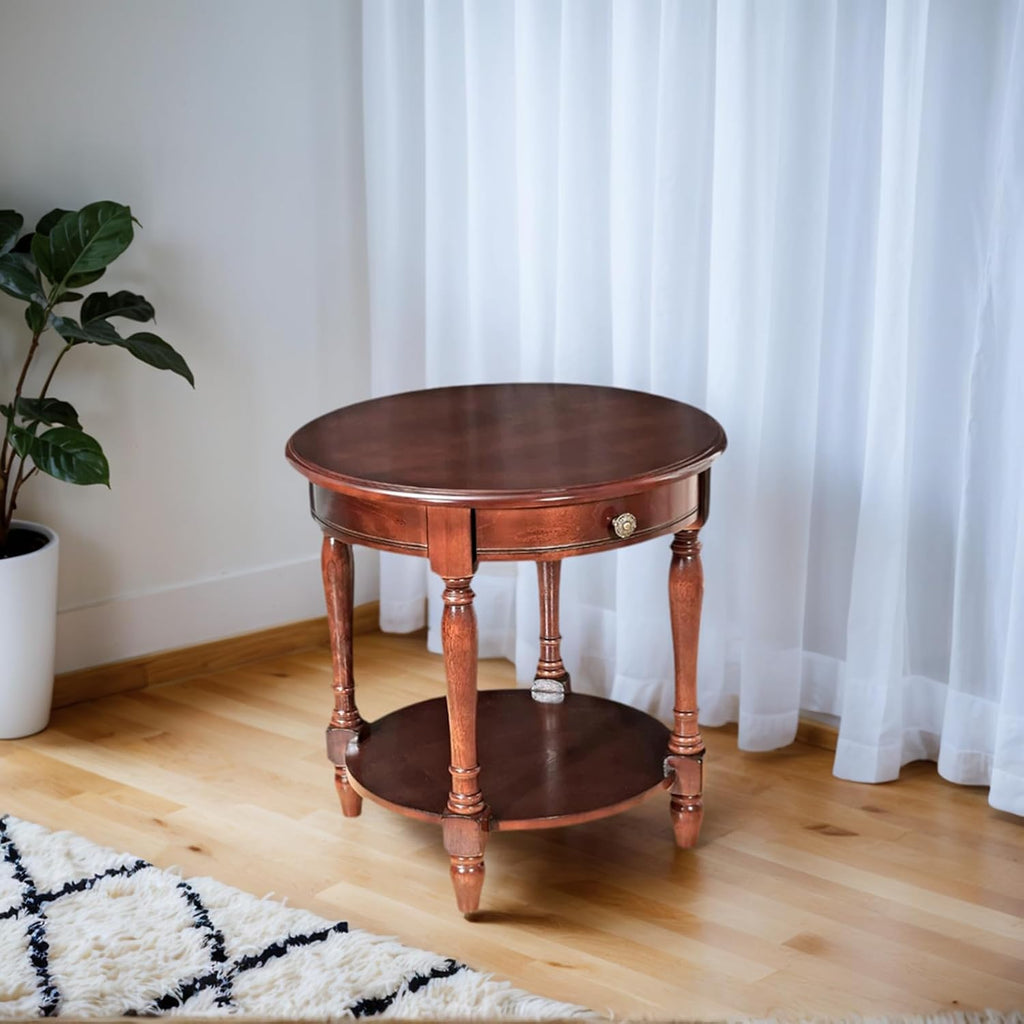 YUNMUARY-Solid Wood End Table Round Side Table with Drawers Vintage Nightstand Sofa Side Tables with Storage Shelf Traditional Retro End Tables for Small Spaces Living Room,Dark Brown