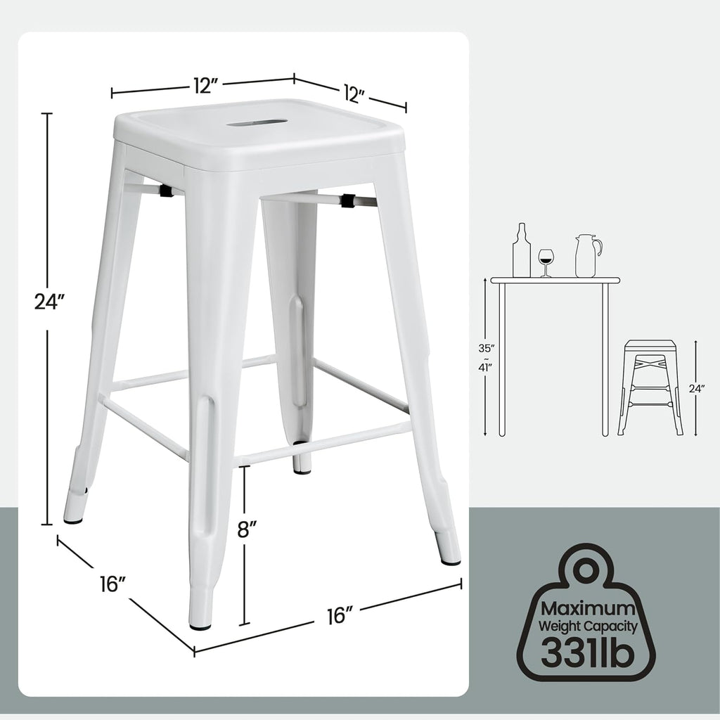 Yaheetech 24 Inch Metal Bar Stools Set of 4, Stackable Bar Chairs, White | No Assembly Counter Height Barstools with Footrest, 330 lb Load Capacity Patio Stools For Kitchen, Bar, Indoor & Outdoor Use
