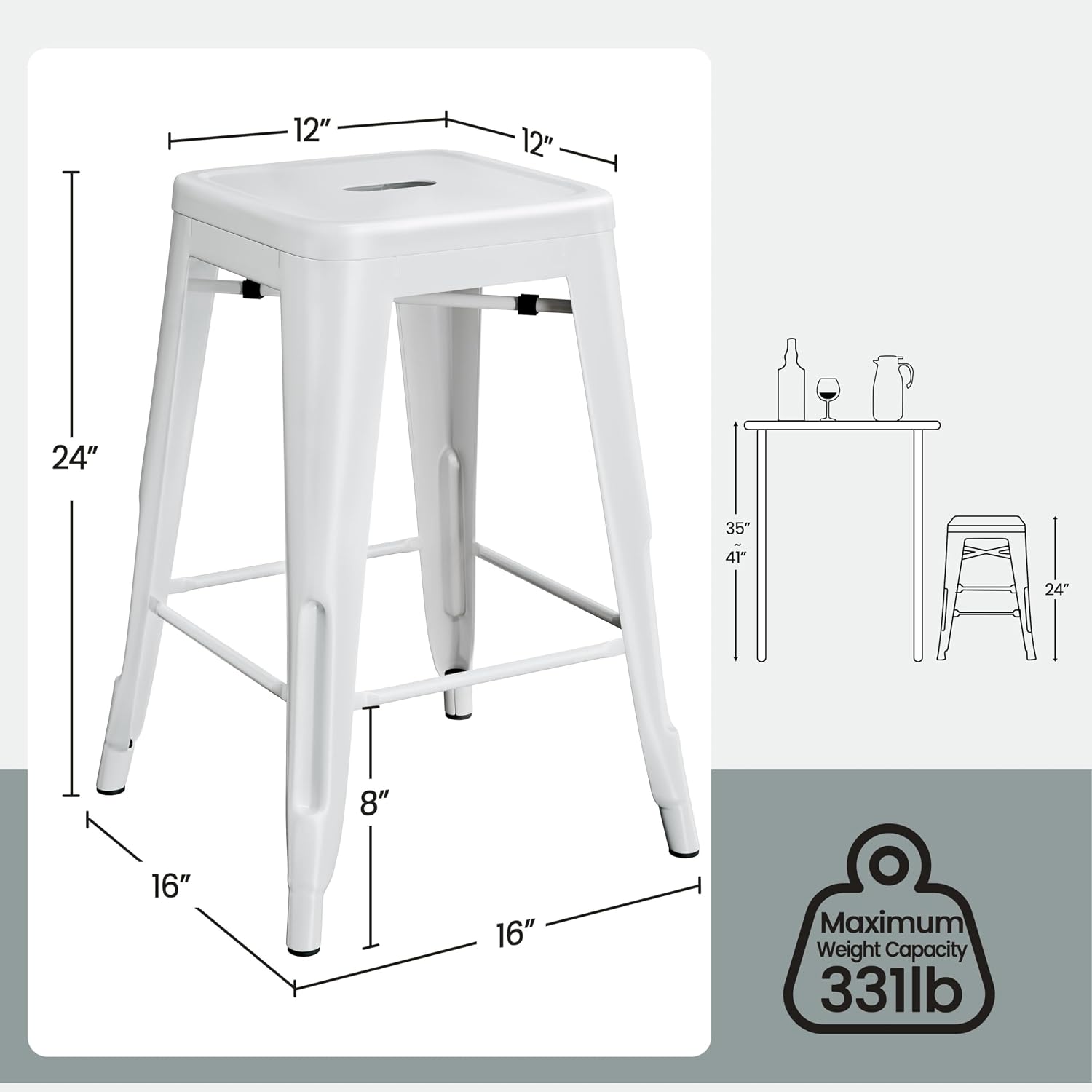 Yaheetech 24 Inch Metal Bar Stools Set of 4, Stackable Bar Chairs, White | No Assembly Counter Height Barstools with Footrest, 330 lb Load Capacity Patio Stools For Kitchen, Bar, Indoor & Outdoor Use