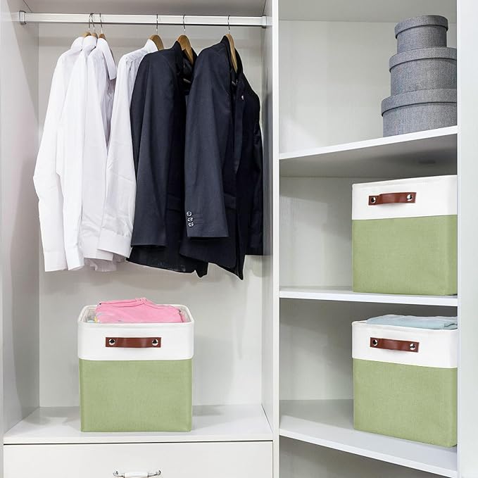 Collapsible Fabric Storage Cubes 11x11 Cube Storage Bins, 4 Pack Closet Baskets Box with Handles for Organizing, Shelf, Toys, Clothes, Home, Office, Nursery (Green&White)