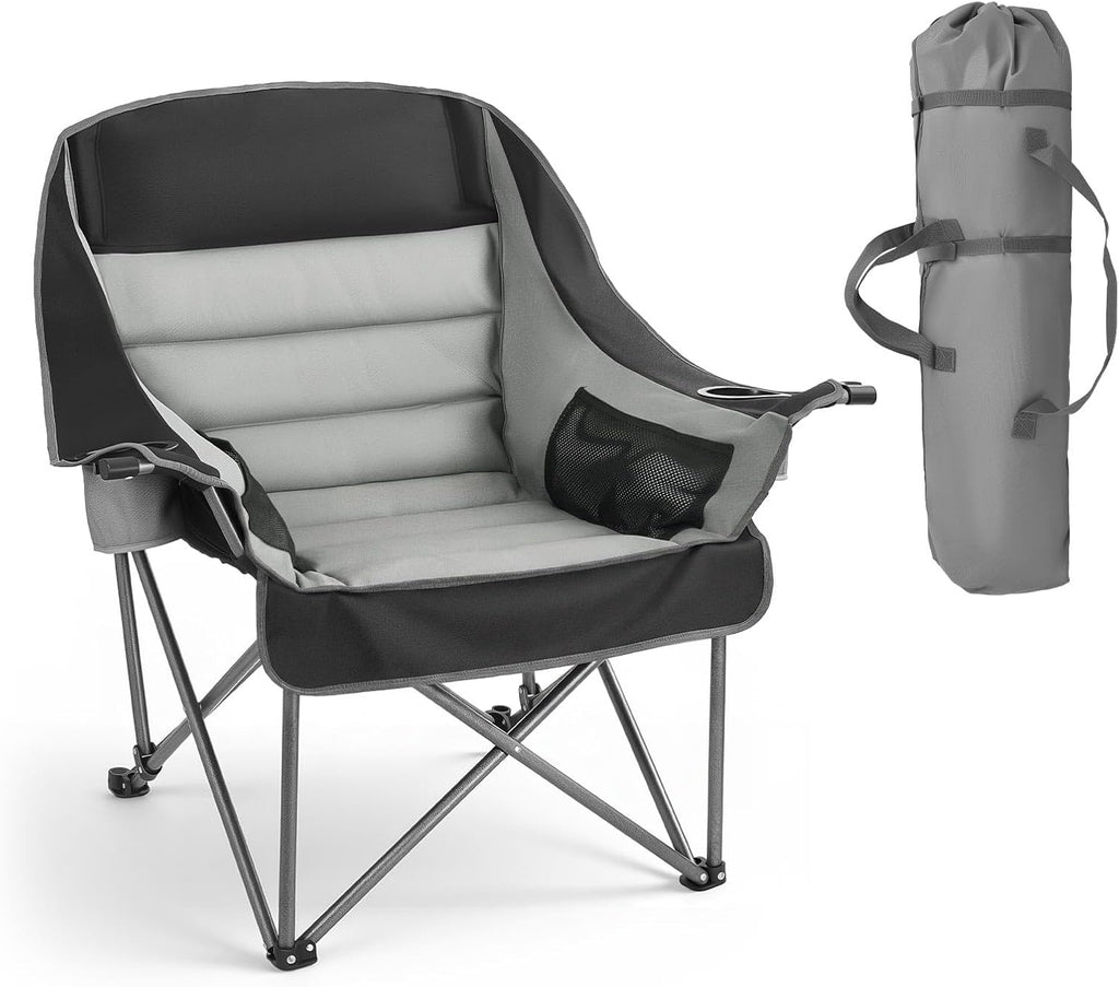 VEVOR Oversized Camping Chairs, 450 lbs Heavy Duty Support, Portable Padded Folding Camp Chairs with Dual Cup Holders & Wine Glass Holders, Carry Bag for Outdoor, Fishing, Black & Gray, 1 Pack
