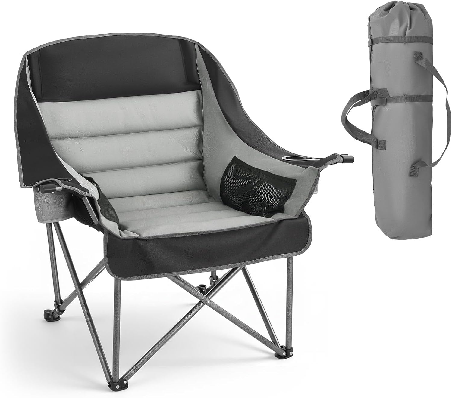 VEVOR Oversized Camping Chairs, 450 lbs Heavy Duty Support, Portable Padded Folding Camp Chairs with Dual Cup Holders & Wine Glass Holders, Carry Bag for Outdoor, Fishing, Black & Gray, 1 Pack