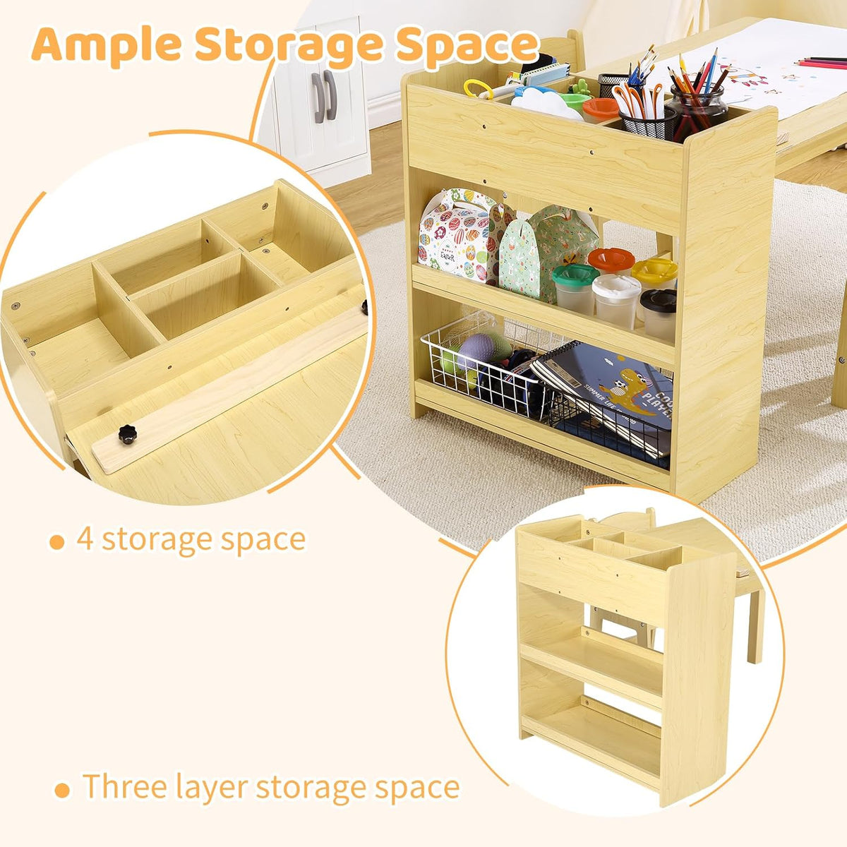 Kids Art Table with 2 Chairs, Toddler Craft Desk with Large Shelves Storage for Drawing & Writing, Activity Craft Table, with Paper Roller Wooden Furniture for Ages 2-10