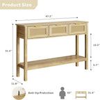 KIGOTY Console Table with Charging Station, Rattan Style Sofa Table Behind The Couch, Farmhouse Entryway Table with 3 Drawers for Hallway, Living Room (Light Yellow, Faux Rattan)