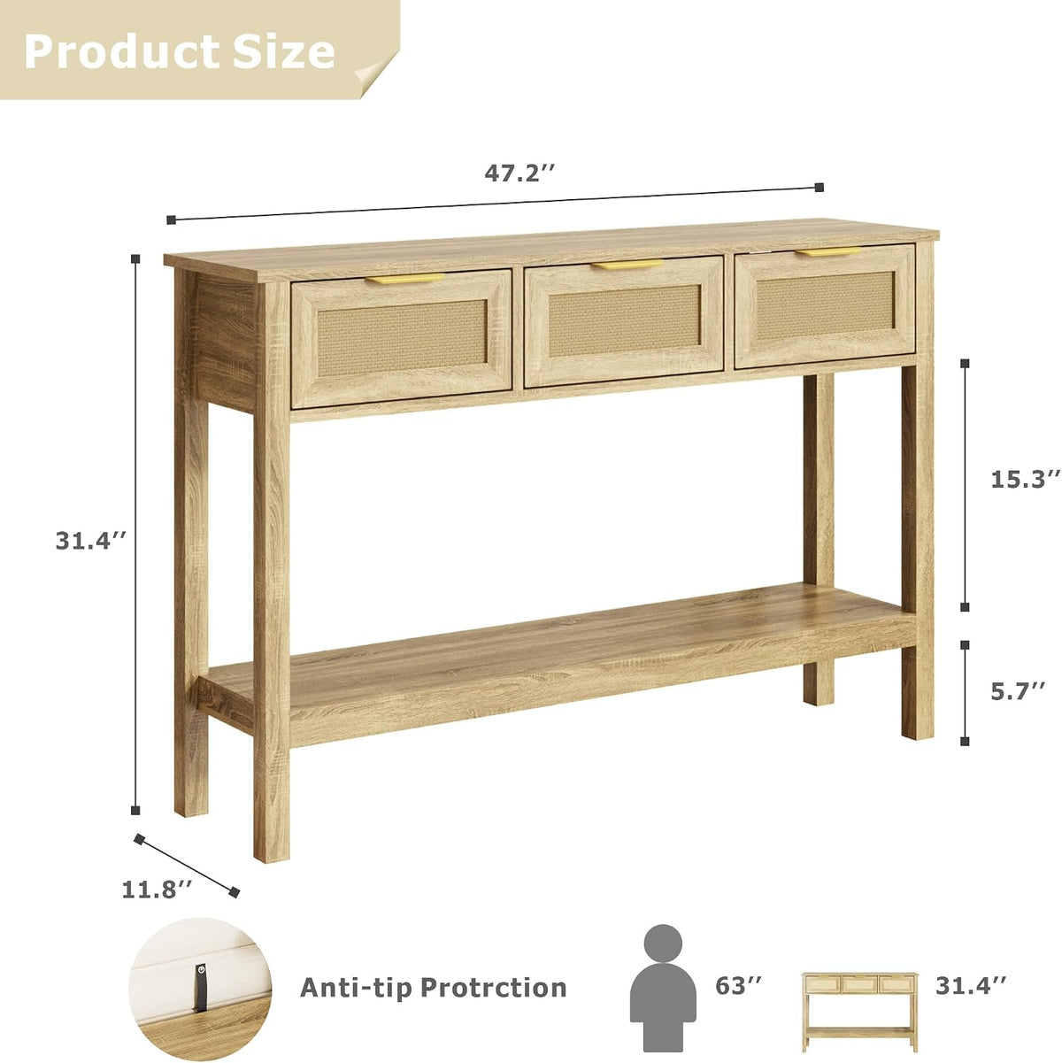 KIGOTY Console Table with Charging Station, Rattan Style Sofa Table Behind The Couch, Farmhouse Entryway Table with 3 Drawers for Hallway, Living Room (Light Yellow, Faux Rattan)