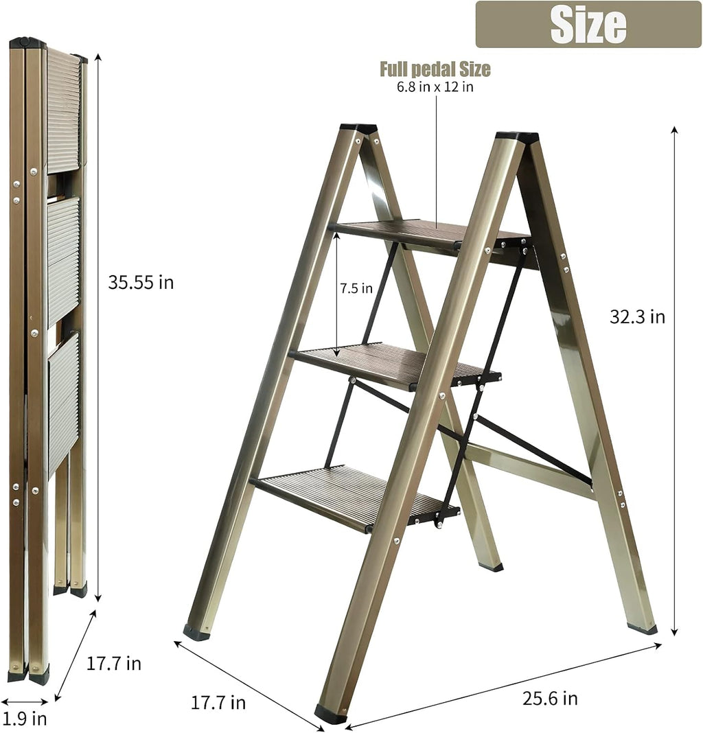 3-Step Aluminum Lightweight Folding Step Stool Ladder with Anti-Slip and Expanded Pedal for Home and Kitchen, 330lbs Capacity, Champagne…