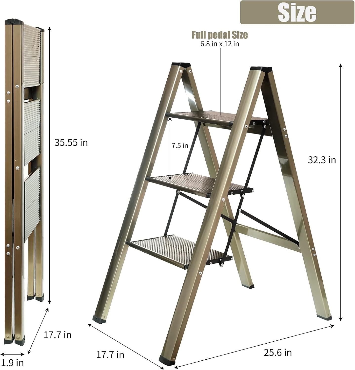 3-Step Aluminum Lightweight Folding Step Stool Ladder with Anti-Slip and Expanded Pedal for Home and Kitchen, 330lbs Capacity, Champagne…