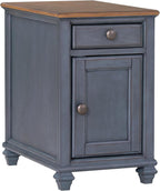 Bridgevine Home Americana 14” Chairside Table – Narrow Farmhouse End Table with Drawer & Cabinet Storage, Fully Assembled Accent Table, Corduroy Blue Finish, Antique Pewter Hardware