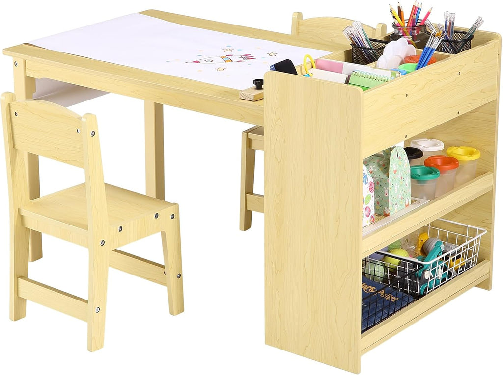 PlayfulPals Kids Art Table with 2 Chairs Set, Toddler Craft Desk with Storage Shelves, Drawing Table with Paper Roller Yellow