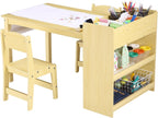 PlayfulPals Kids Art Table with 2 Chairs Set, Toddler Craft Desk with Storage Shelves, Drawing Table with Paper Roller Yellow