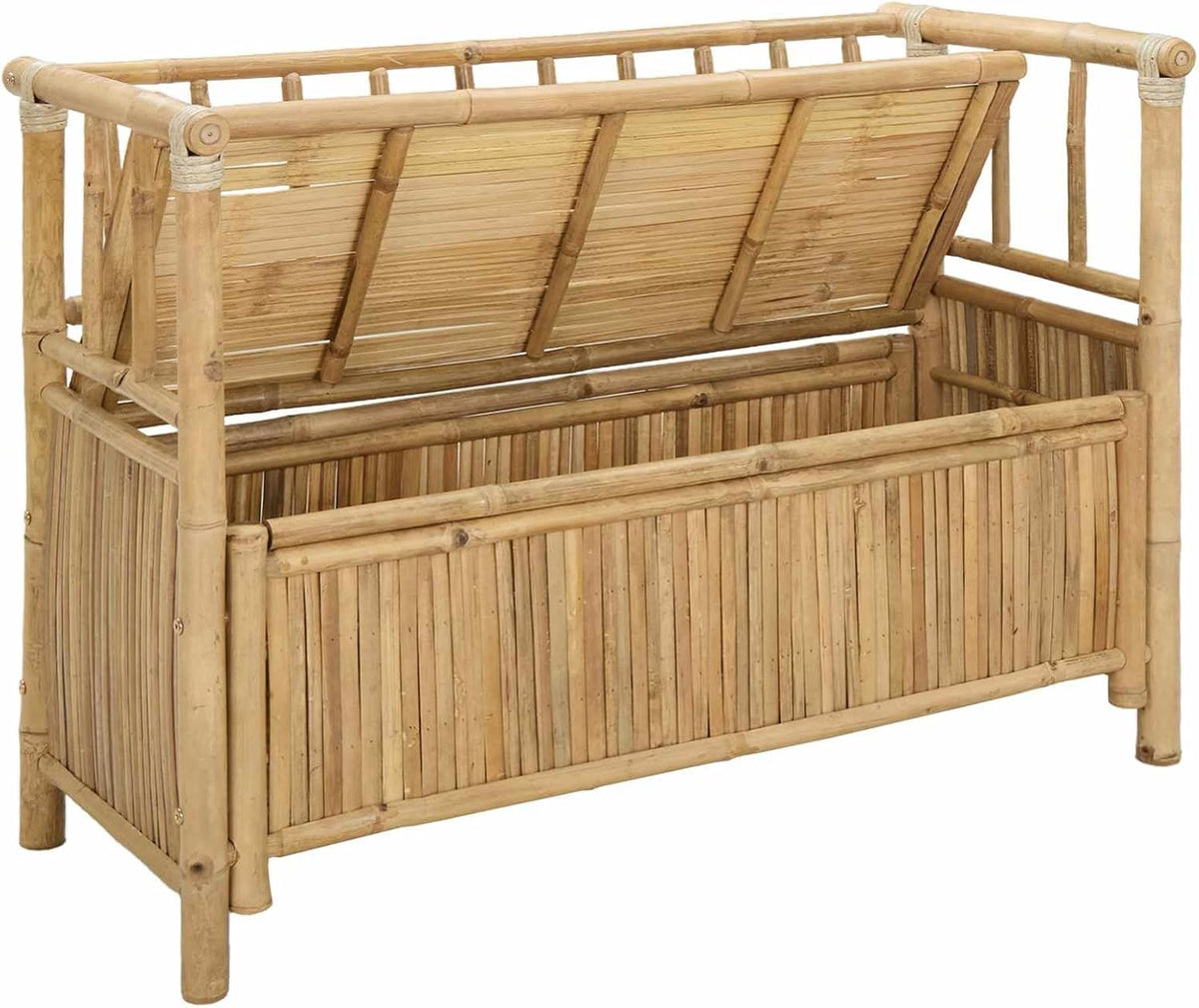 Bamboo Garden Storage Bench 110 x 47 x 80 cm, Outdoor Seat with Hidden Compartment, Natural Finish Post Leg Design for Patio or Indoor Use