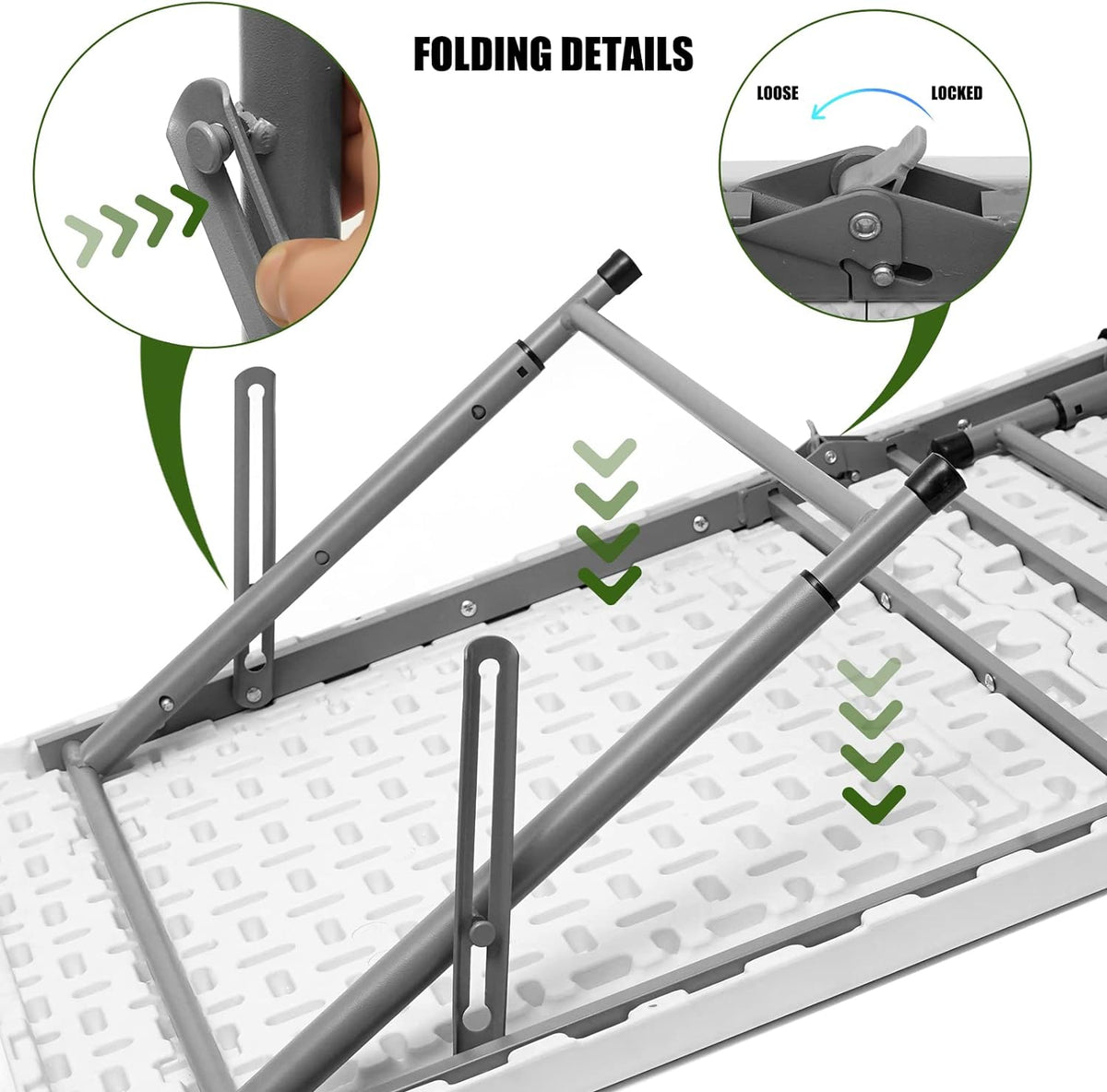 Folding Table 4 Foot,Portable Heavy Duty Plastic Utility Table,White | Adjustable Height,HDPE Tabletop,Small Fold-in-Half Design,Carrying Handle,Indoor Outdoor Use for Camping,Party