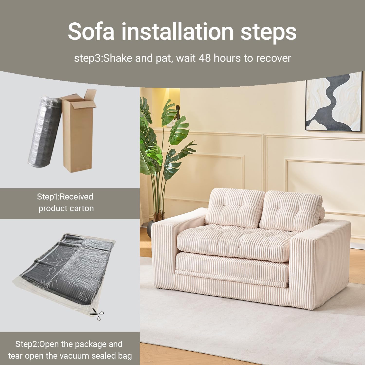 Fefances 55.1” Sofa Bed, 2-in-1 Convertible Loveseat & Folding Futon Couch, Small Space-Saving Design with Corduroy Fabric, for Living Room, Bedroom, Studio Apartment - Beige