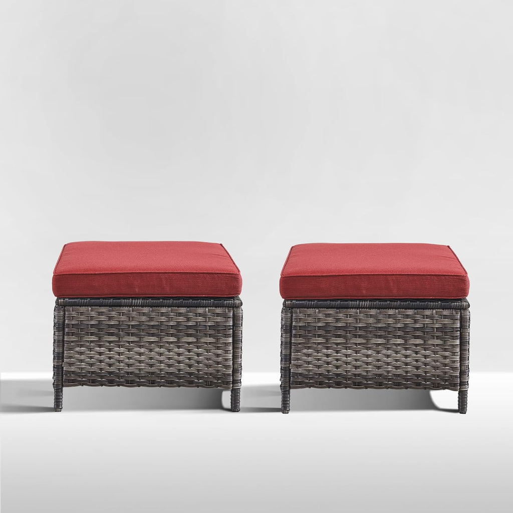 Outdoor Ottoman Set of 2 - PE Wicker Rattan Ottoman Patio Footstool for Deck Porch Balcony Garden - Grey/Red