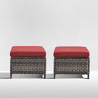 Outdoor Ottoman Set of 2 - PE Wicker Rattan Ottoman Patio Footstool for Deck Porch Balcony Garden - Grey/Red