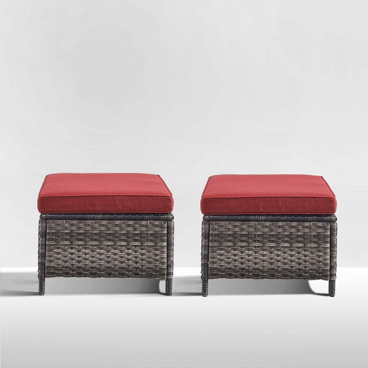 Outdoor Ottoman Set of 2 - PE Wicker Rattan Ottoman Patio Footstool for Deck Porch Balcony Garden - Grey/Red
