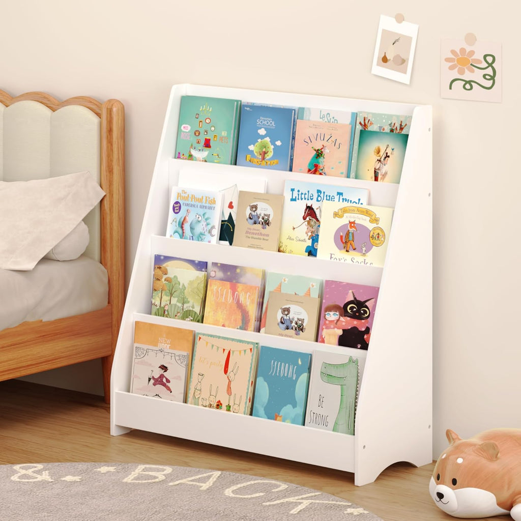 4-Tier Kids Bookshelf Toddler Book Display for Bedroom Playroom | Multi-tier open display shelf for books and toys. Durable engineered wood. Perfect for kids bedroom, playroom, or classr