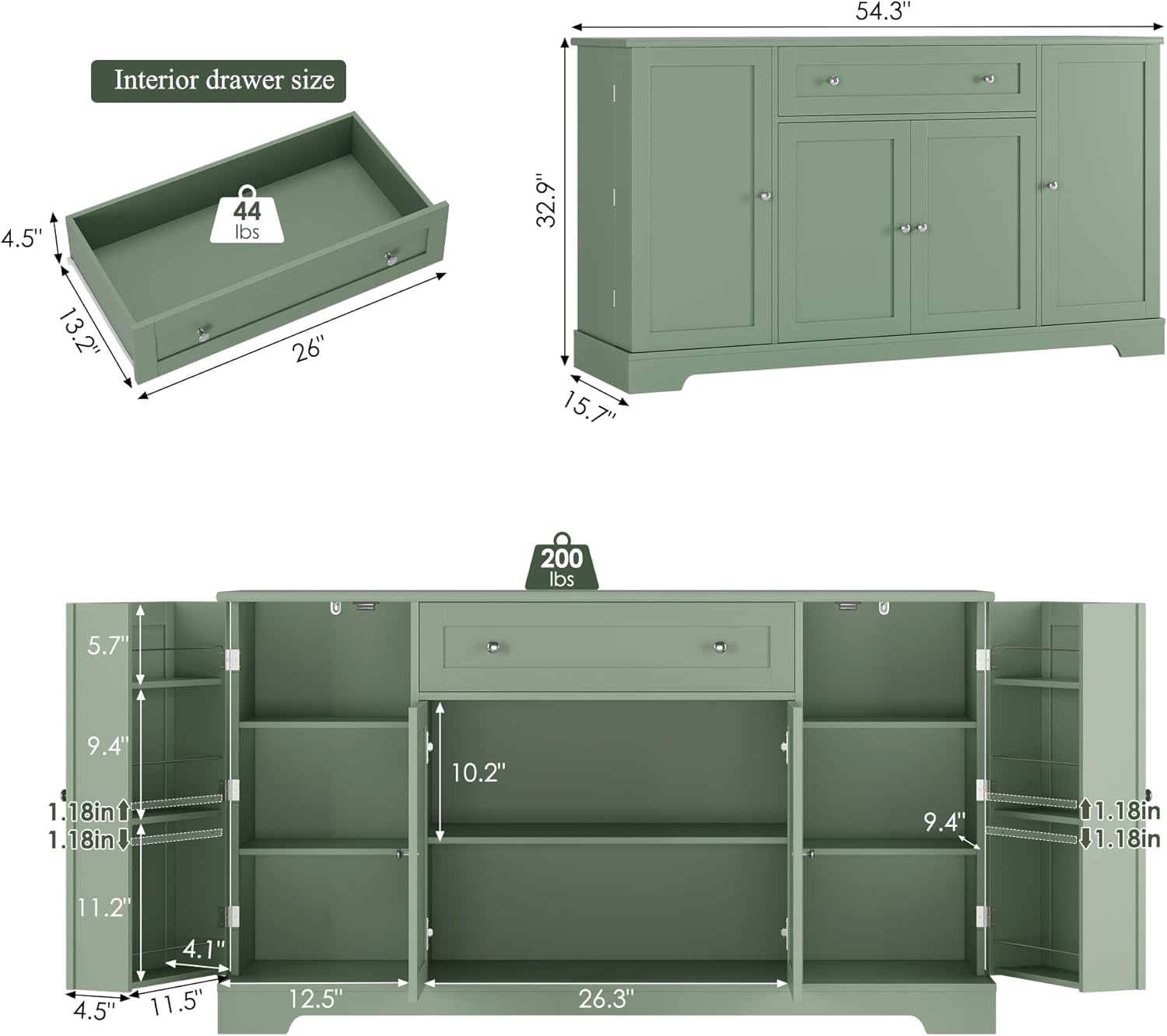 HITHOS 54" W Kitchen Buffet Cabinet with Storage, Coffee Bar Cabinet, Green