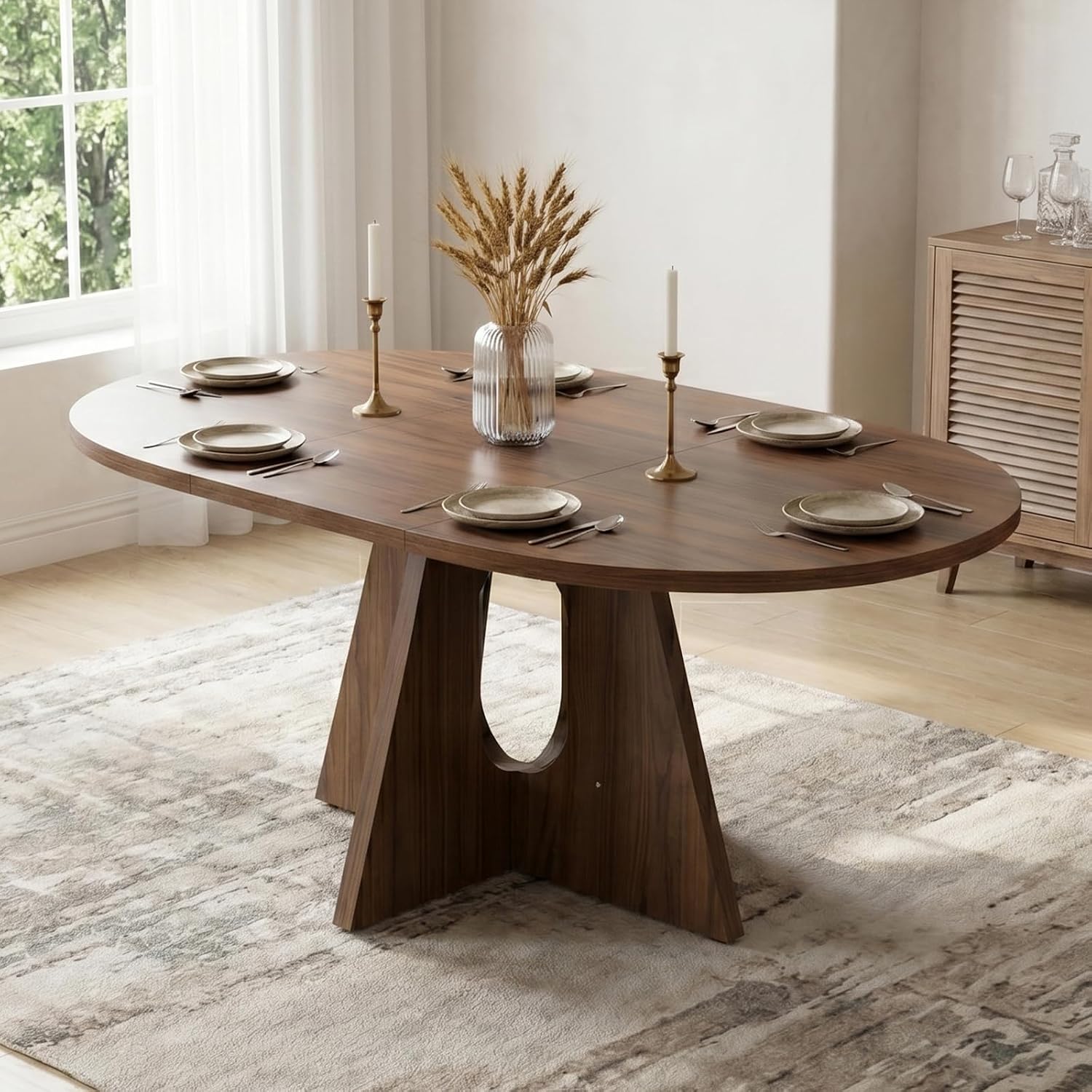 HIPIHOM 43.3"-59" Expandable Round Dining Table, Modern Walnut Kitchen Table, Space Saving Mid-Century Extendable Table for Dining Room