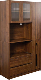 70.87" Kitchen Pantry Cabinet with Microwave Stand, Multi-Tier Pull-Out Storage Shelf, 4-Tier Side Shelf & Glass Door, Freestanding Food Hutch Buffet Sideboard for Dining Room, Walnut