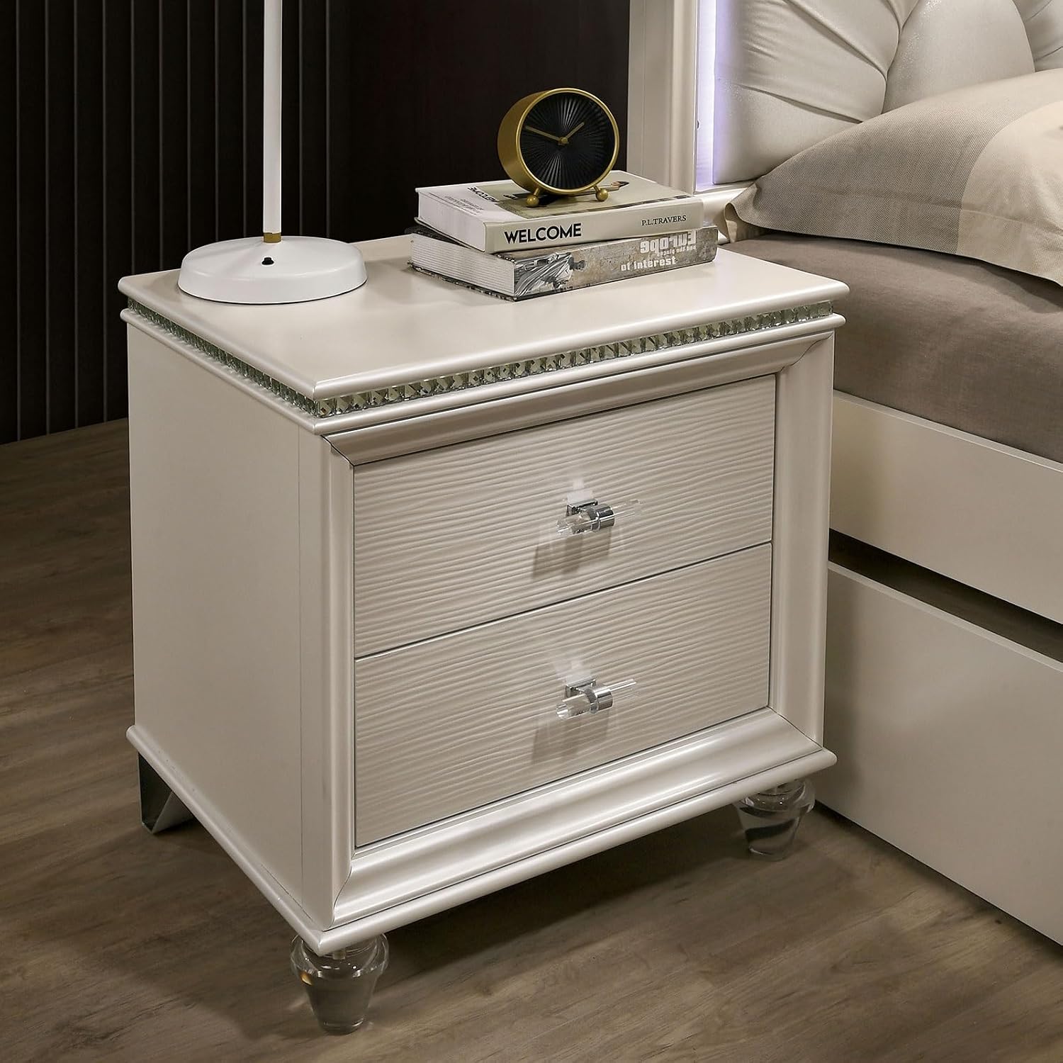 2 Drawers Nightstand with Acrylic Legs, Pearl White,for Small Spaces