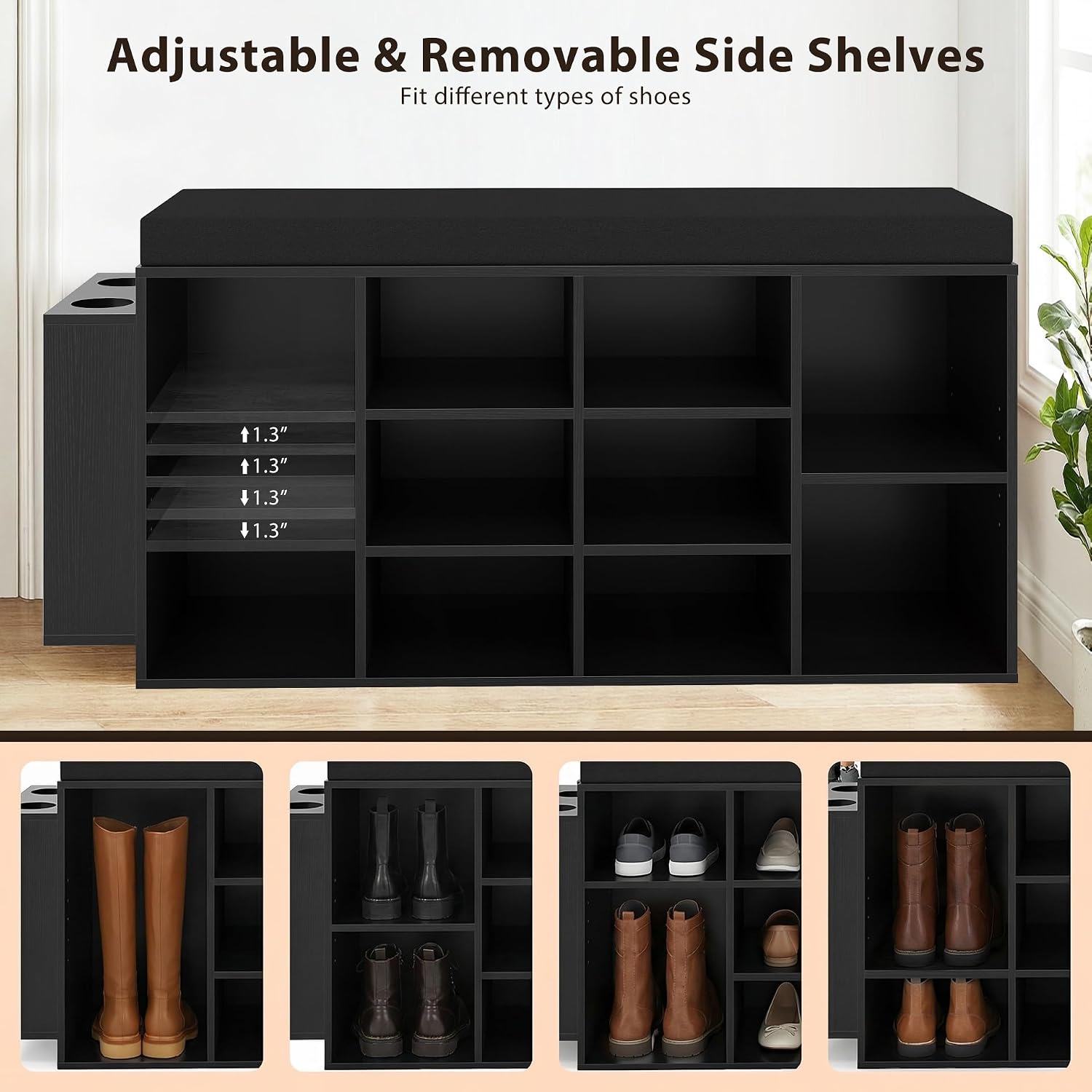 Tangkula Shoe Storage Bench with Umbrella Holder, 40" Shoe Organizer with Cushioned Seat, 10 Cubbies & Adjustable Shelves, Wooden Industrial Shoe Rack for Entryway, Living Room, Bedroom (Black)