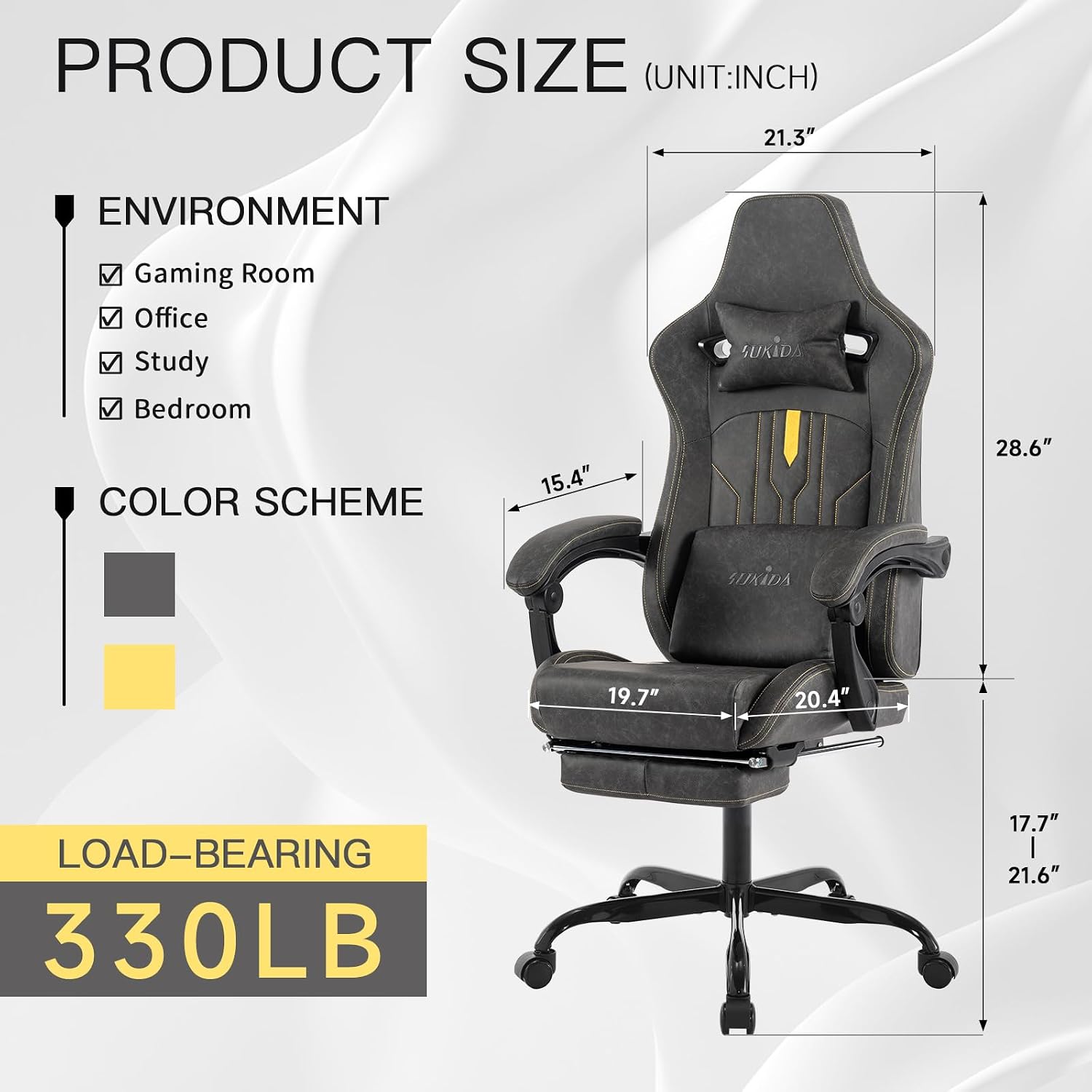 Gaming Chair with Footrest Ergonomic Computer Chair Massage Lumbar Cushion, Racing Video Game Chair Adjustable Rocker Recliner Executive Office Desk Chair Pu Leather for Adults, Grey